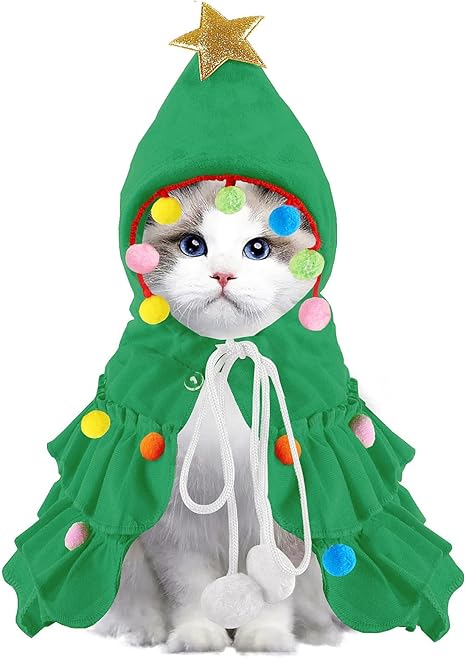 XIMISHOP Christmas Costume Cat Dog Cape Cat Clothing Christmas Tree Cape with Design Star and Bobble Classic Green Christmas Clothing for Christmas Pet Party