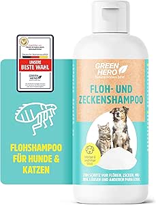 Green Hero Flea Shampoo and Tick Shampoo for Dogs and Cats, 250 ml, Protects Against Fleas, Ticks, Mites, Lice, Dog Shampoo & Cat Shampoo without Silicones, Parabens & Microplastics