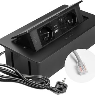 GTV Multisoft Built-in Socket Black with 2x Sockets with Earth, USB A+C, RJ45, Retractable with Cover, 1.5 m Cable, for Kitchen, Office, Conference and Work Table