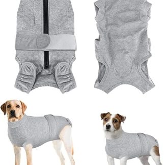 Eyein Dog Bodysuit After Surgery, Wound Protection Suits for Female and Male with Zip and Velcro Belt - Anti-Licking and Wound Protection, Breathable Onesie for Dogs After Surgery (Grey, M)