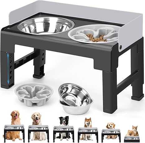 Zivacate Raised Dog Bowl, 6 Height Adjustable and Tilting, Feeding Station, 2 Stainless Steel Bowls, 1 Bowl for Slowing Eating, Non-Slip, Dog Feeding Station for Medium Large Dogs