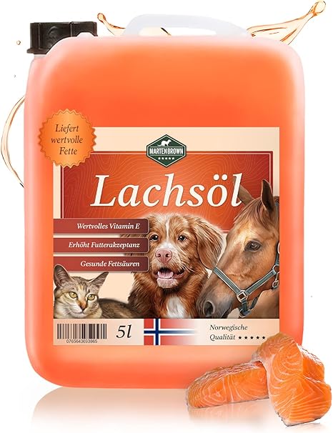 Martenbrown® 5 Litre Norwegian Premium Salmon Oil for Dogs, Horses and Cats, Fish Oil in Canister, for Dry Food, Canned Food or as Barf Oil