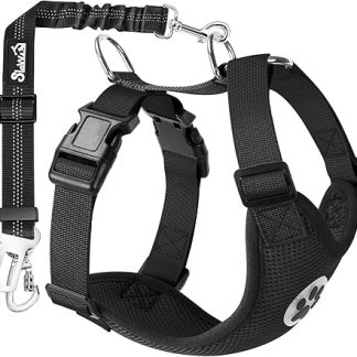 Eyein Dog Harness with Seat Belt for Car, 2 Carabiner Hooks - Connected to Seat Belt Buckle, Child Safety Seat or Trunk, Adjustable Breathable Harness (Black, L)