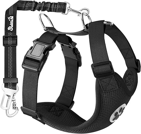 Eyein Dog Harness with Seat Belt for Car, 2 Carabiner Hooks - Connected to Seat Belt Buckle, Child Safety Seat or Trunk, Adjustable Breathable Harness (Black, L)