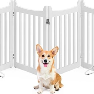 Yaheetech Dog Barrier Gate, H x W: 60.5 x 201.5 cm, Stair Gate with 2 Support Feet, Foldable Dog Gate, Freestanding Barrier for Kitchen/Fireplace/Oven/Stairs, 4 Panels, White