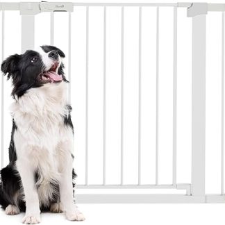 PawHut Door Safety Gate, Stair Gate, Dog Gate No Drilling, 75-96 cm, Adjustable Barrier, Auto-Close Baby Safety Gate, for Children and Pets, Steel, White