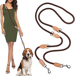 Dog Lead for Large and Medium Dogs, 2.1 m x 1 cm, Adjustable Double Lead, Round, with 2 Carabiners, Dog Lead, Robust Nylon, Multifunctional Dog Lead, Adjustable for 2 Dogs (Brown)