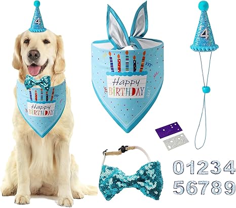 Dog Birthday Hat Bandana - Dog Birthday Party Accessories Birthday Dog Hat with Numbers Dog Bandana (Blue)