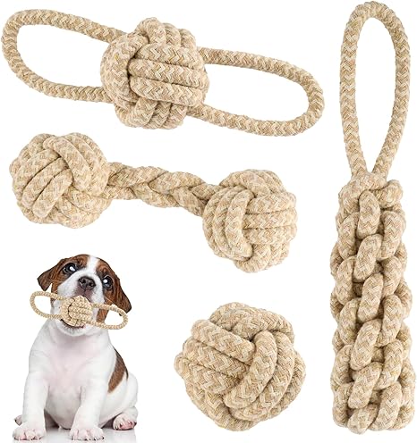 PEGRAUFC 4-Piece Chew Dog Toy Set for Small and Medium Dogs - Indestructible Rope Toy with Knot Ball for Small and Large Dogs