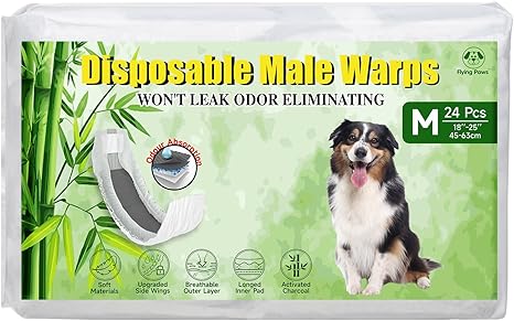 Flying Paws Dog Nappies for Males, M-24 with Activated Carbon, Soft and Breathable Male Nappy, Odour Neutralisation, Super Absorbent Disposable Dog Nappies for Marking, Urinary Incontinence, Travel