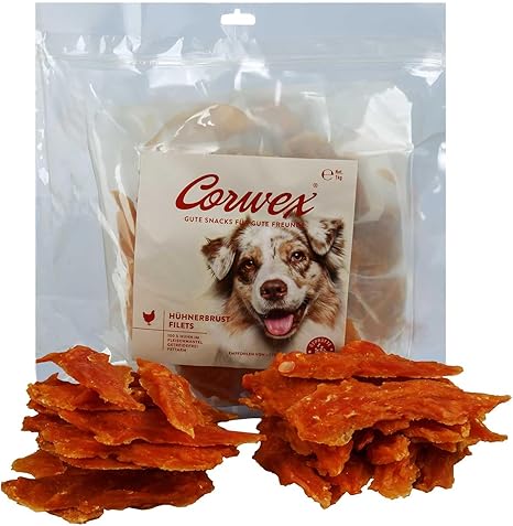 Corwex Dog Snack, Chicken Breast Fillet (1 kg), Grain-Free & Low Fat, in Resealable Bag, 100% Chicken in Meat Content