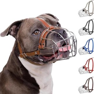 BronzeDog Metal Dog Muzzle - Amstaff Wire Basket with Adjustable Leather Straps for Large Dogs