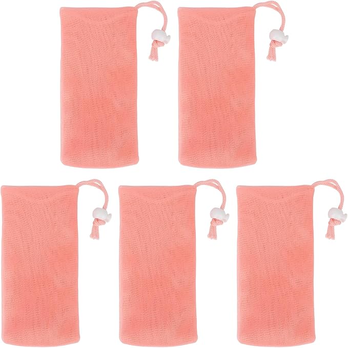 Mesh Soap Bags Exfoliating Soft Drawstring Design Soap Foam Net for Body and Facial Cleansing 5 Pack Pink