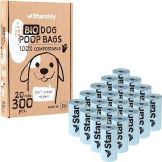Starchly Pack of 300 Biodegradable Dog Waste Bags - 20 Rolls of Waste Bags for Dogs - Organic, Compostable Corn Starch Bags - 15 per Roll - Tear-Resistant, Leak-Proof, Blue