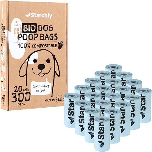 Starchly Pack of 300 Biodegradable Dog Waste Bags - 20 Rolls of Waste Bags for Dogs - Organic, Compostable Corn Starch Bags - 15 per Roll - Tear-Resistant, Leak-Proof, Blue