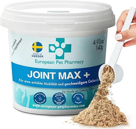 European Pet Pharmacy Joint Max+ Joint Care for Dogs - Dietary Supplement Dog & Cat - Nutrient Rich Formula with Green-Lipped Mussel Dog - All Ages - 140g Glucosamine Chondroitin Powder