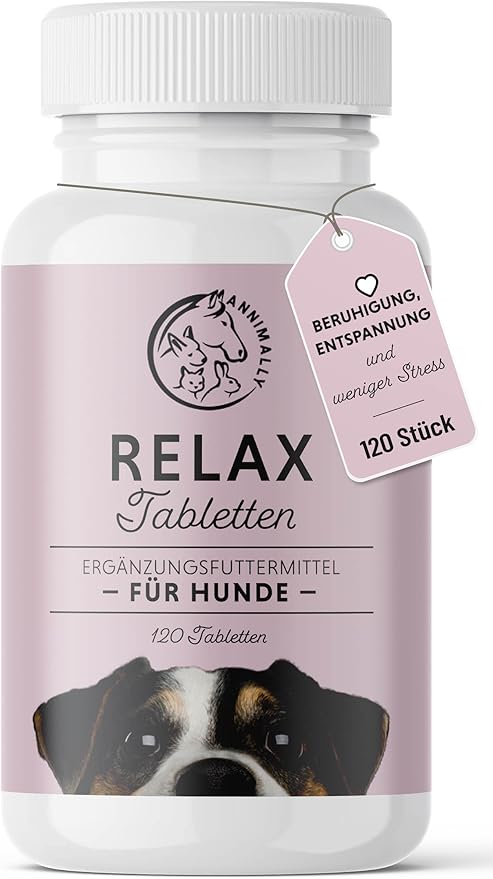 Annimally Dog Relax Tablets - Feel-Good Tablets for Dogs with Valerian, St. John's Wort, L-Tryptophan, 120 Tablets for Anxiety, Stress & for Travel - High Acceptance