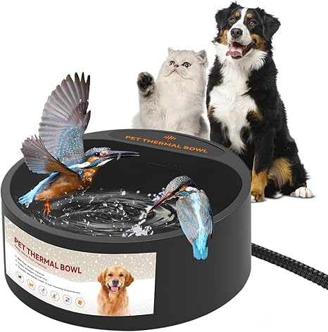 ENJOYING Heated Water Bowl for Pets, 2.2 L, Heated Chicken Drinker, Battery-Operated, Ice-Free, for Winter for Rabbit, Dogs, Cats, Bird Bath, Chew-proof Cable Line, Black