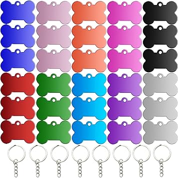 Dog Tag Bone Dog Tags Made of Aluminium 30 Pieces Dog Tag Blank 2.5 x 3.8 cm Address Tag Dog Waterproof with Dog Tag Chain for DIY Dogs and Cats Pet Dog Tag