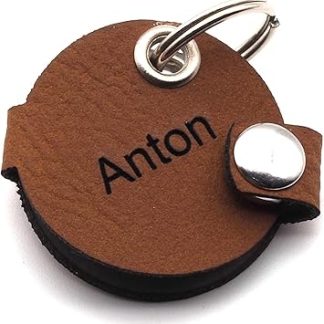 CopterFarm Dog Tag Bag for Dog Collar with Engraving, Press Stud, Faux Leather, Genuine Leather Dog Tag Individually Engraved on Both Sides (Brown, Round)