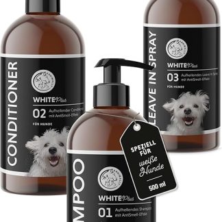 Annimally White Plus Care Set - Natural Dog Shampoo, Conditioner & Leave-In Spray with Anti-Yellow Effect for White Coat, pH Neutral Stain Removal & Shine without Bleach - 500 ml Each