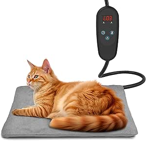 Heating Pad for Pets with Regulator, Suitable for Cats and Dogs, with 6 Temperature Settings and a 24-Hour Timer, LED Display, Safety Heating Blanket with Bite-Resistant Cable, Grey, 40 x 50 cm