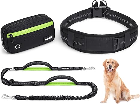 Pecute Jogging Lead Dogs for Large / Medium 15-55 kg with Waterproof Belly Strap, Dog Lead for Jogging Multifunctional, Shock-Absorbing Bungee, Wide Waist Belt, Reinforced Double Handles
