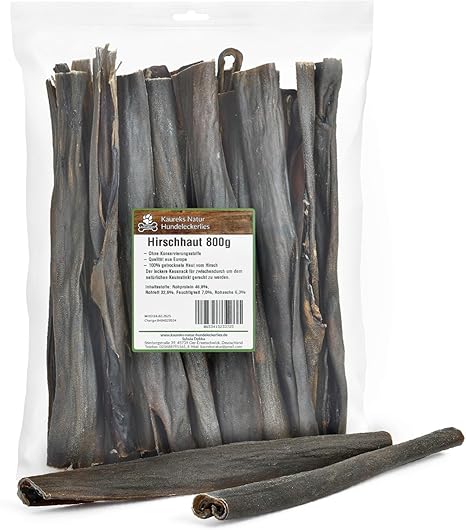 Kaureks Natur Hundeleckerlies Deer Skin 800 g Approx. 25-30 cm Natural Dental Care for Dogs such as Horse Scalp, Cattle Scalp