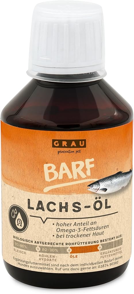 GRAU - The Original Salmon Oil with Important Omega 3 and Omega 6 Fatty Acids, Supports Skin and Coat, Pack of 1 (1 x 200 ml), Supplementary Feed for Dogs and Cats