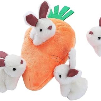 Amazon Basics Squeaky Dog Toys Plush Hide and Hide Play Toy Rabbit and Carrot 5 Pack Orange and White