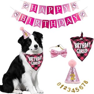 Dog Birthday Hat Bandana Set, 5 Pieces Dog Birthday Bandana Hat with 10 Bling Numbers and Happy Birthday Banner for Small, Medium and Large Dogs, Dog Birthday Decoration (Pink)