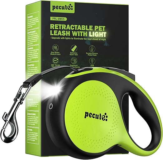 Pecute Dog Lead 8 m, Roller Lead for Dogs with LED Light, 360° Tangle-Free Extended Lead, Rechargeable, Non-Slip Handle and Quick Brake Button, for Large up to 50 kg Weight