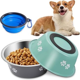 Dog Bowl Stainless Steel Pack of 2, 860 ml Metal Non-Slip Food Bowl Dog with Silicone Base, Water Bowl, Feeding Bowl with Travel Bowl for Medium and Small Dogs