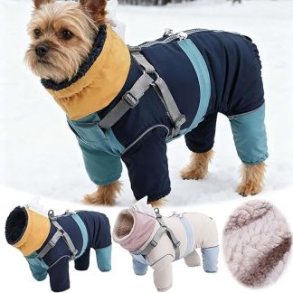 Dog Winter Coat, Winter Snowsuit with Harness, Warm Fleece Lined Jumpsuit, Four Legged Coat for Small, Medium and Large Dogs, Adjustable Clothing for Cold Weather (Blue, M)
