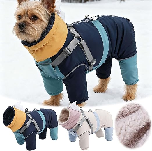 Dog Winter Coat, Winter Snowsuit with Harness, Warm Fleece Lined Jumpsuit, Four Legged Coat for Small, Medium and Large Dogs, Adjustable Clothing for Cold Weather (Blue, M)