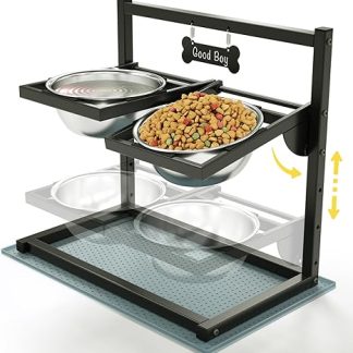 Eanilnaz Raised Dog Bowl with 4 Height-Adjustable 10° Inclined 2 Stainless Steel Dog Bowls (1.5 L x 2) and Leak-Proof Mat, Raised Feeding Bowl, Perfect Stable Stand for Dog Bowl