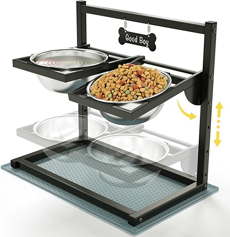 Eanilnaz Raised Dog Bowl with 4 Height-Adjustable 10° Inclined 2 Stainless Steel Dog Bowls (1.5 L x 2) and Leak-Proof Mat, Raised Feeding Bowl, Perfect Stable Stand for Dog Bowl