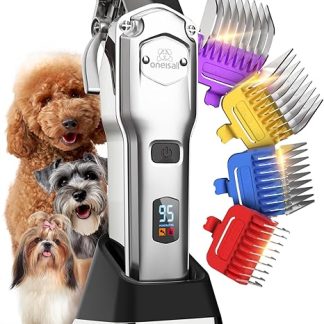 oneisall Quiet Dog Clipper with Metal Guide Comb, Professional Cordless Dog Clipper High Performance Pet Hair Trimmer for Thick/Curly/Fine/Long/Wavy Hair (Silver)