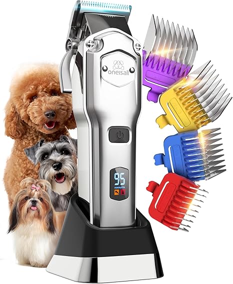 oneisall Quiet Dog Clipper with Metal Guide Comb, Professional Cordless Dog Clipper High Performance Pet Hair Trimmer for Thick/Curly/Fine/Long/Wavy Hair (Silver)