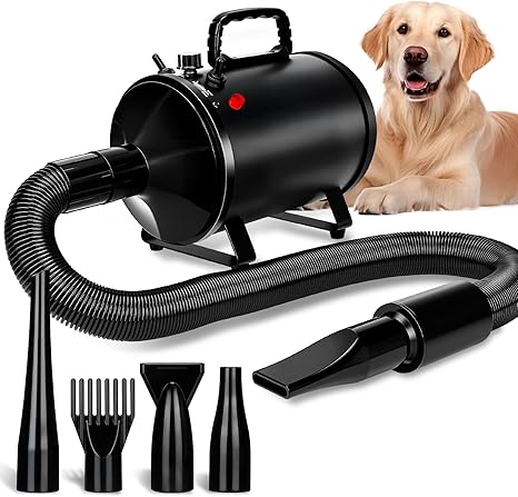 Utoimain Dog Hair Dryer 4.3HPS/3200W with 3 Temperature Levels, Infinitely Adjustable Air Flow and 5 Attachments - Professional Dog Dryer for Pet Grooming