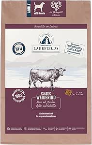 Lakefields Premium Dry Dog Food, Beef 60%, 4 x 2.5 kg, Grain-Free Dry Food for Adult Dogs, Potato, Apples & Carrot, Food Grade Ingredients, Gently Baked