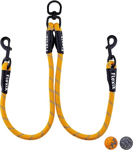 Floxik Tau Double Lead for 2 Dogs Grey/Orange - Reflective, Stretchy and Tangle-Free - Double Dog Lead for Coupling - Perfect for Small to Medium Dogs
