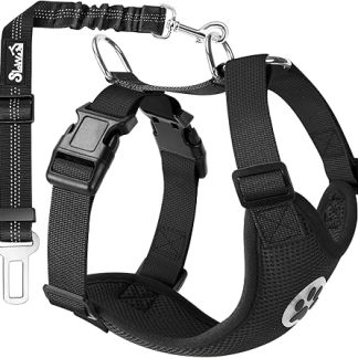 SlowTon Dog Harness with Seat Belt for Car, Double Layer Breathable Latex Mesh Puppy Harness, Regular Safety Harness Dog for All Everyday Sports (Black, M)