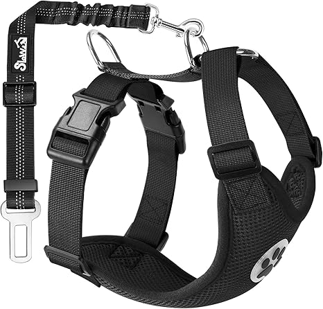 SlowTon Dog Harness with Seat Belt for Car, Double Layer Breathable Latex Mesh Puppy Harness, Regular Safety Harness Dog for All Everyday Sports (Black, M)