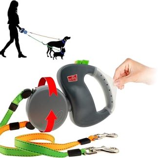Wigzi Two Dog Retractable Non-Tangling Dog Leash with Innovative Gel Handle - Walk 2 Dogs Up to 50 lbs Each - 10 ft Leads