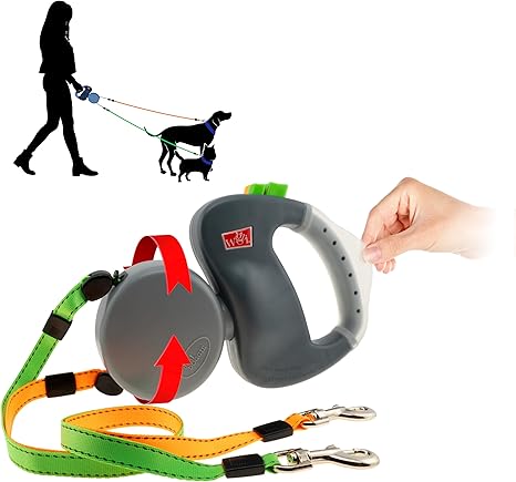 Wigzi Two Dog Retractable Non-Tangling Dog Leash with Innovative Gel Handle - Walk 2 Dogs Up to 50 lbs Each - 10 ft Leads