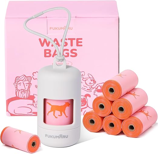 FUKUMARU Dog Waste Bags, Pack of 120 with Dog Waste Bag Dispenser, Leak-proof Waste Bags with Rose Fragrance, Easy Tear, Pink Running Pattern for Dogs, Dispenser White