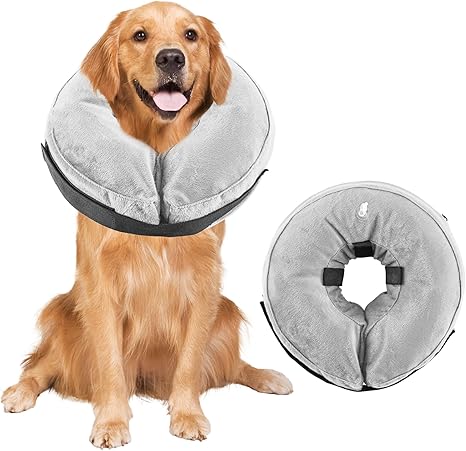 Inflatable Dog Collar, Adjustable Protective Collar After Surgery, Soft Anti-Leak Collar with Breathable Material, Visible Elizabethan Collar for Dogs (Grey, L)