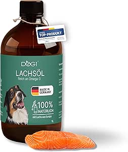 DOG1 Salmon Oil Dog - Made in Germany - 100% Pure Fish Oil - Rich in Omega 3 & Omega 6 Fatty Acids - Supports Coat, Skin & Joints - No Additives - Developed by Veterinarians - 1 Litre