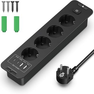 Tabletop Recessed Socket with QC3.0 2 USB-A and PD-20W 2 USB Type-C, 4 Compartment Built-in Socket, Multiple Socket, Table Socket Multiple Socket for Tables and Furniture, 2 m Cable, Black